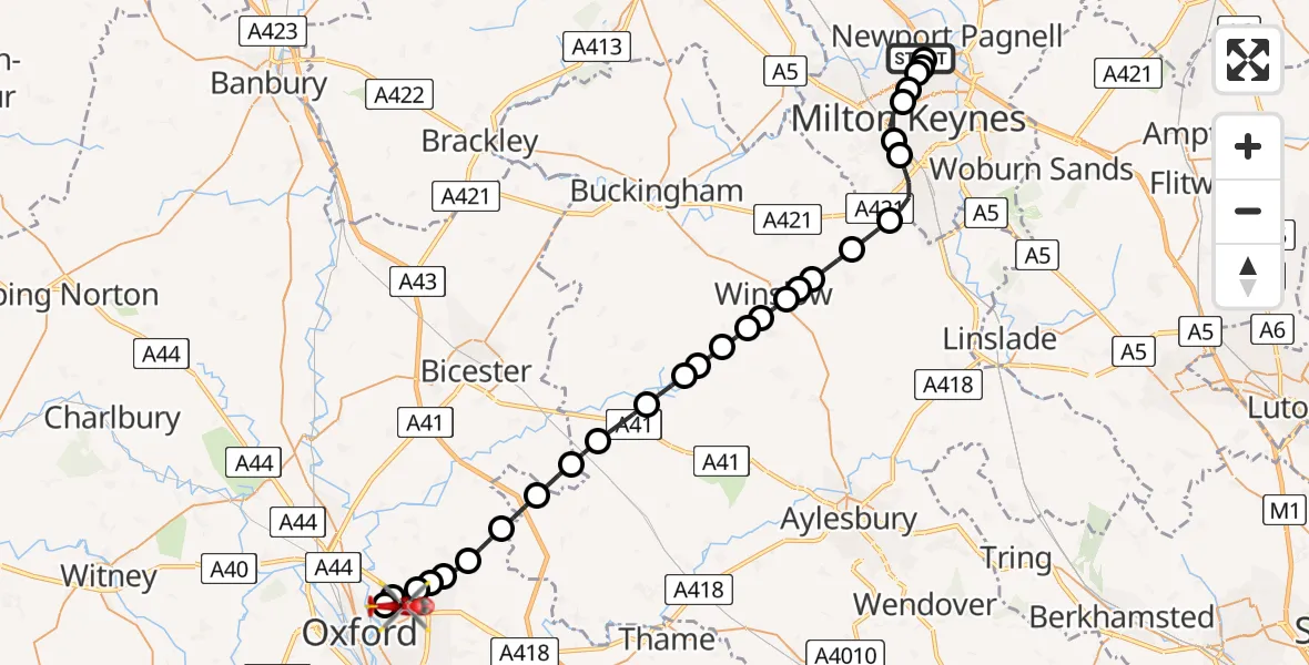 Flight route Air Ambulance Helicopter Giffard Park - Oxford, 08 May 2026, 08:10