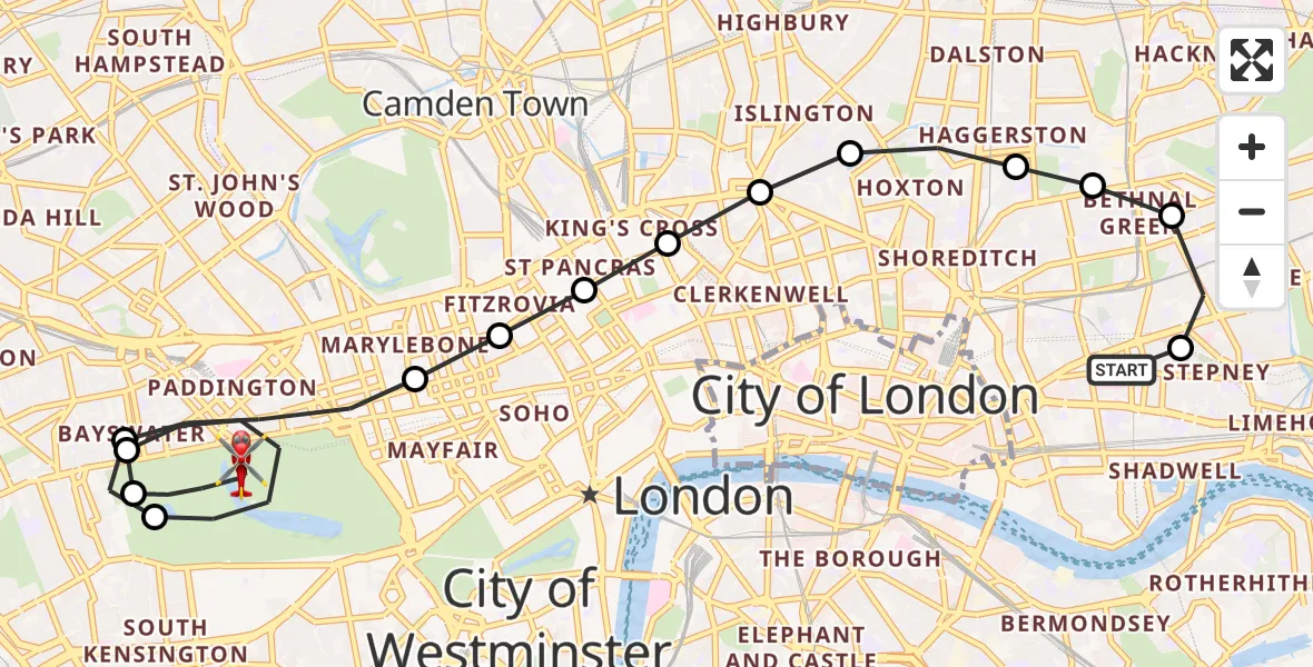 Flight route Air Ambulance Helicopter Royal London Hospital - City of Westminster, 08 May 2026, 08:10