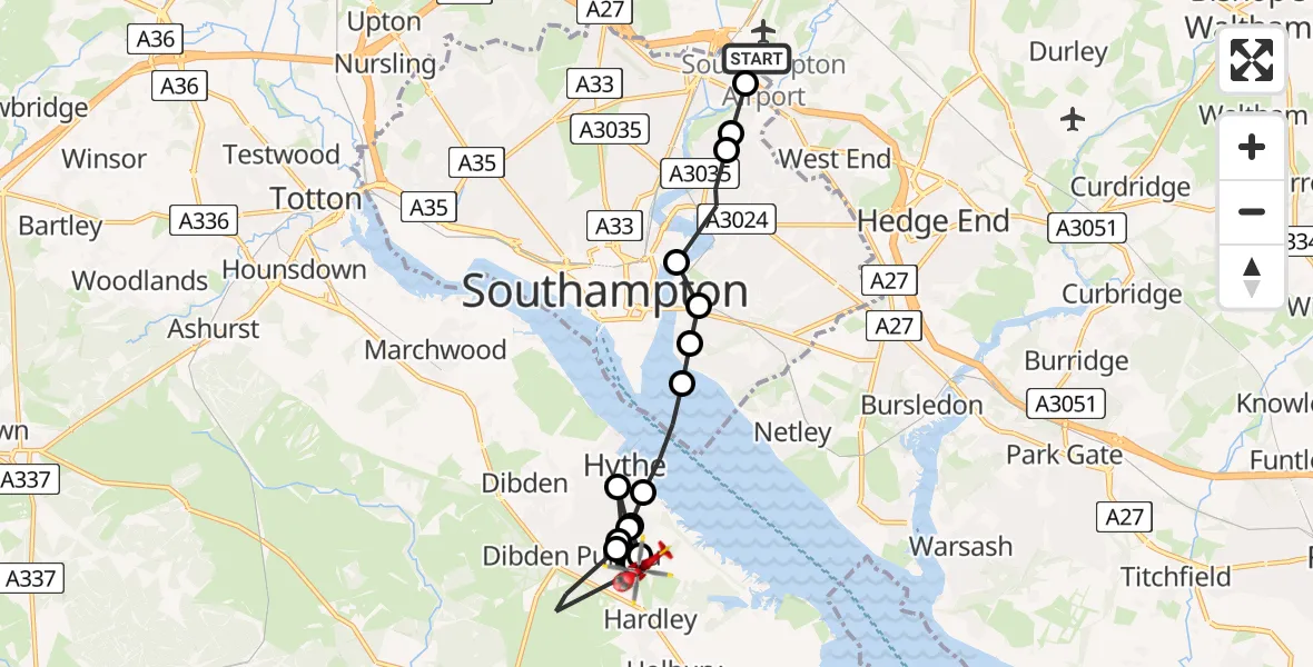 Flight route Air Ambulance Helicopter Southampton Airport - Hardley, 08 May 2026, 08:25