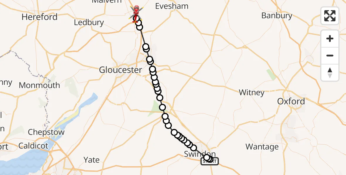 Flight route Air Ambulance Helicopter Great Western Hospital - Upper Strensham, 08 May 2026, 08:26