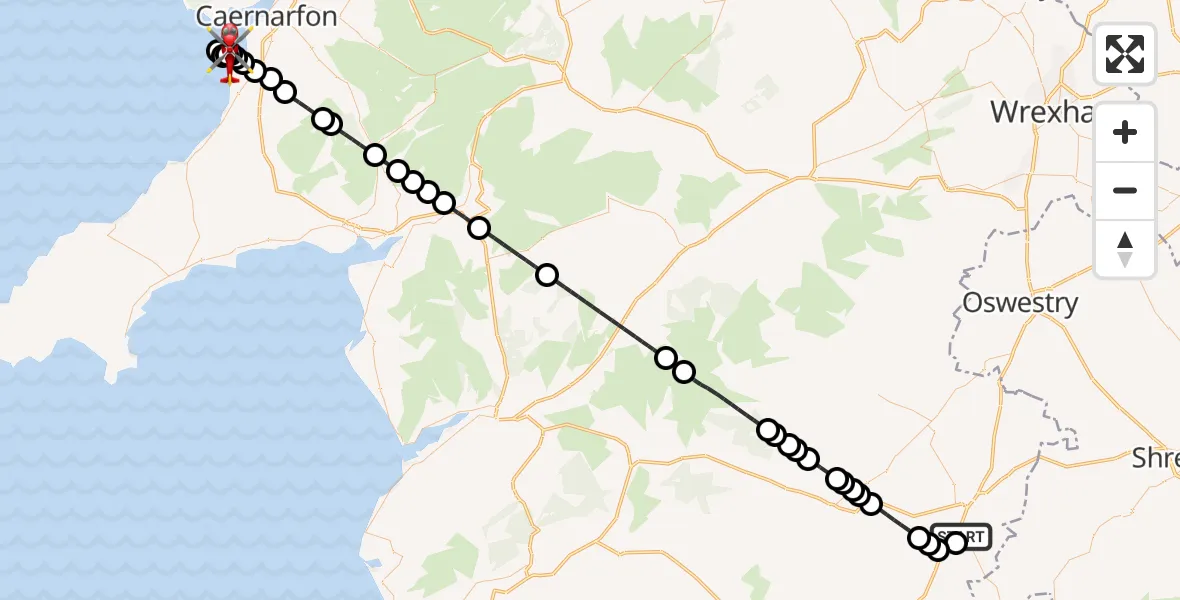 Flight route Air Ambulance Helicopter Welshpool Airport - Caernarfon Airport, 08 May 2026, 08:29