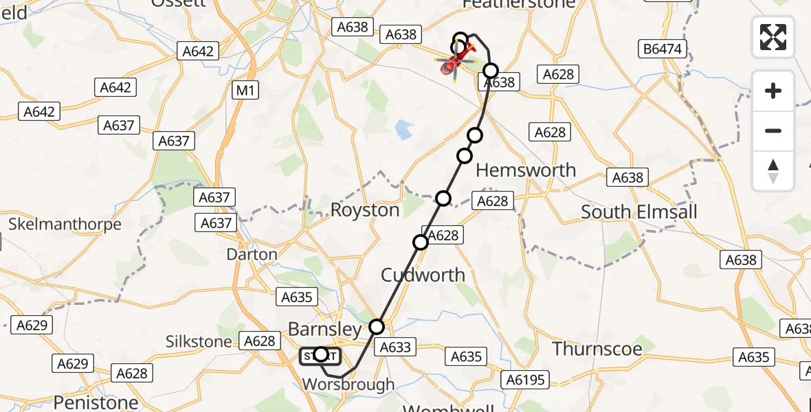 Flight route Air Ambulance Helicopter Barnsley - YAA Nostell Helicopter Port, 08 May 2026, 08:30