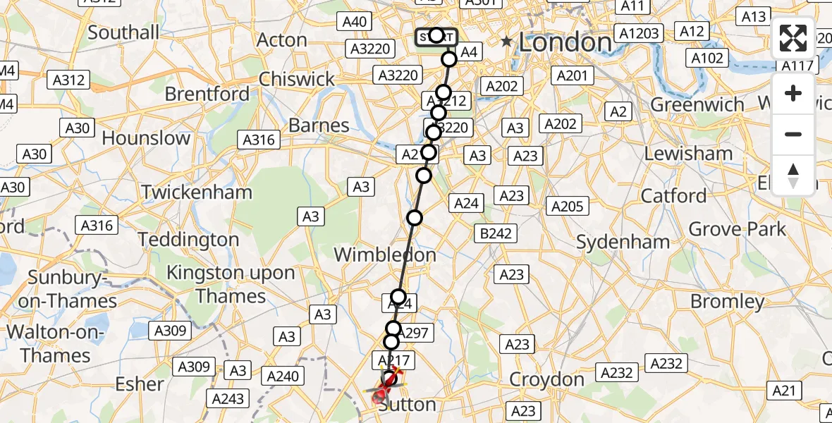 Flight route Air Ambulance Helicopter City of Westminster - Sutton, 08 May 2026, 08:36