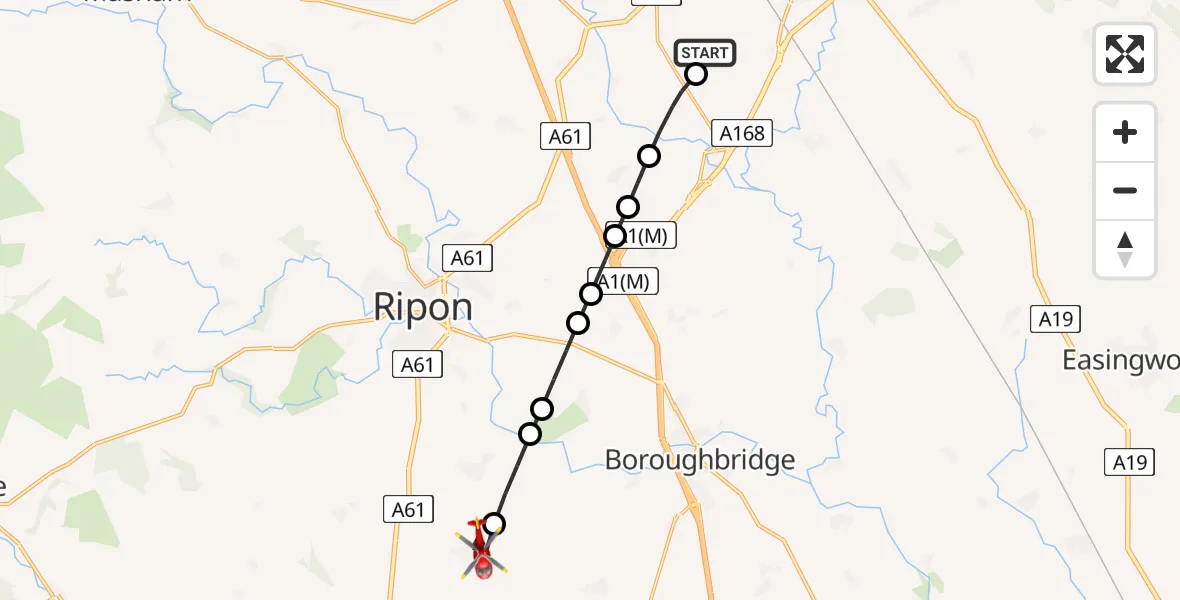 Flight route Air Ambulance Helicopter RAF Topcliffe - Burton Leonard, 08 May 2026, 08:44