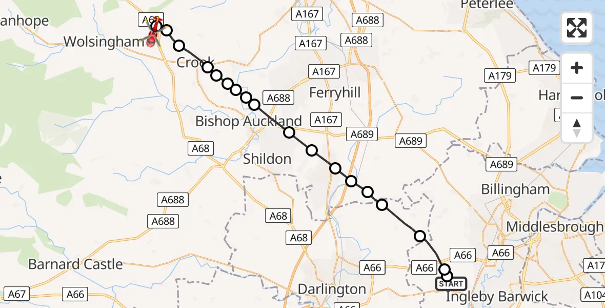 Flight route Air Ambulance Helicopter Egglescliffe - Tow Law, 08 May 2026, 09:04