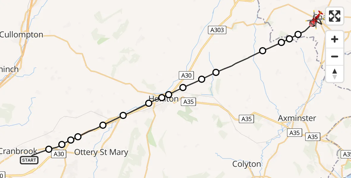 Flight route Air Ambulance Helicopter Rockbeare - Chard, 08 May 2026, 09:12