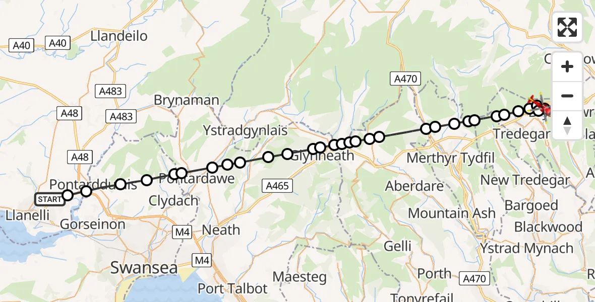Flight route Air Ambulance Helicopter Dafen - Garnlydan, 08 May 2026, 09:18