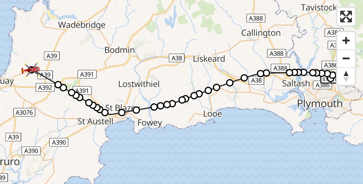 Flight route Air Ambulance Helicopter Derriford Hospital - Cornwall Airport Newquay, 08 May 2026, 09:22