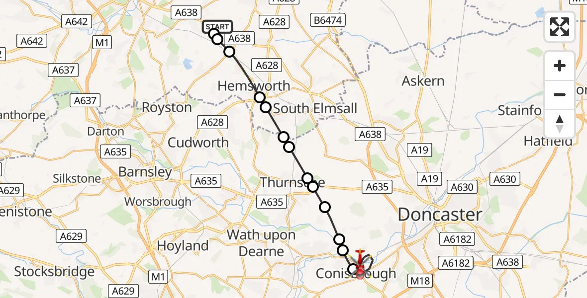 Flight route Air Ambulance Helicopter YAA Nostell Helicopter Port - Conisbrough, 08 May 2026, 09:25