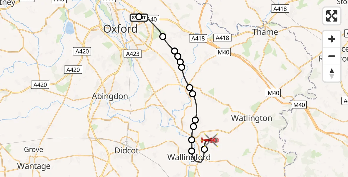 Flight route Air Ambulance Helicopter John Radcliffe Hospital - RAF Benson, 08 May 2026, 09:33