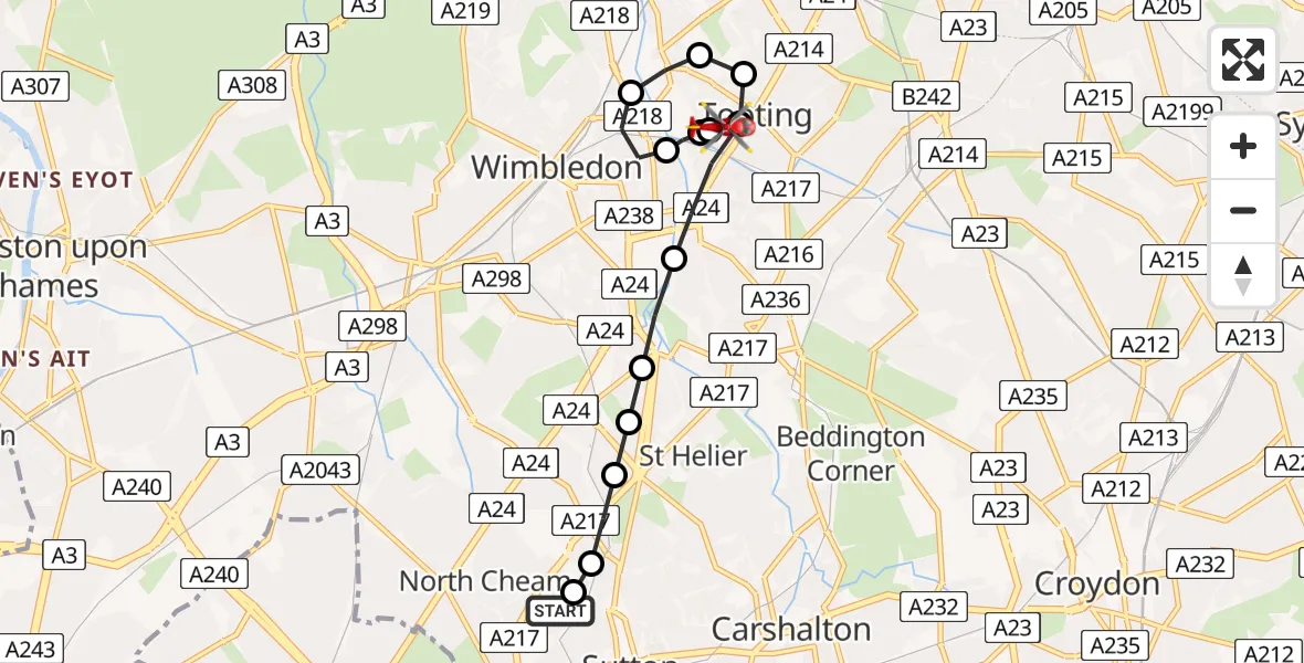 Flight route Air Ambulance Helicopter Benhilton - St Georges Hospital, 08 May 2026, 09:33