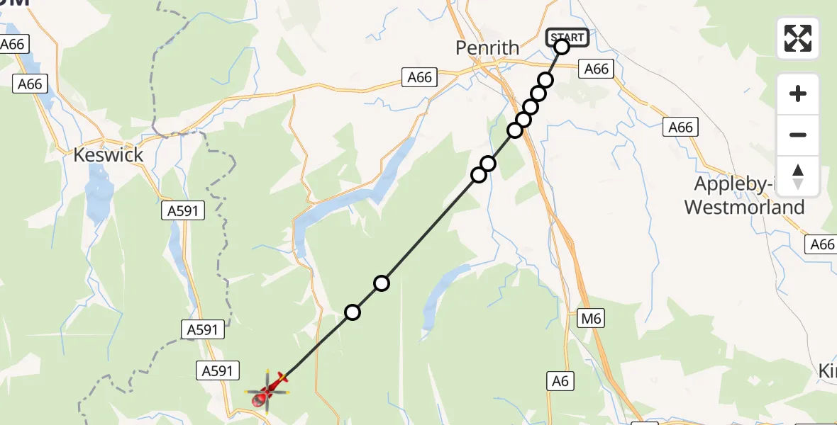Flight route Air Ambulance Helicopter Edenhall - Lakes, 08 May 2026, 09:35