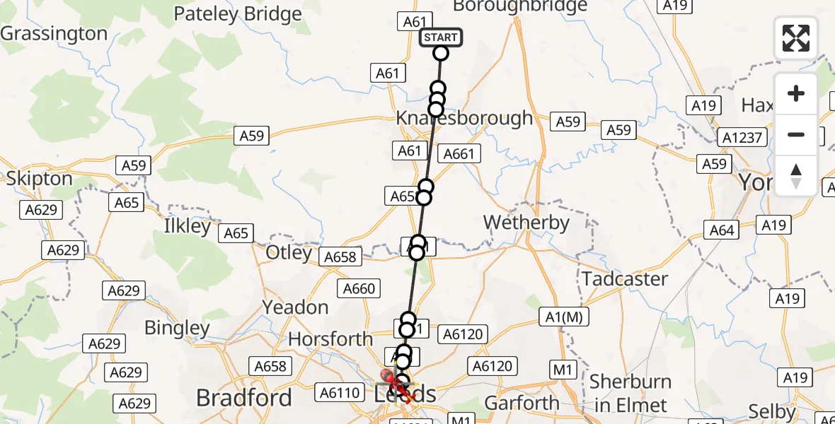 Flight route Air Ambulance Helicopter Burton Leonard - Hyde Park, 08 May 2026, 09:42