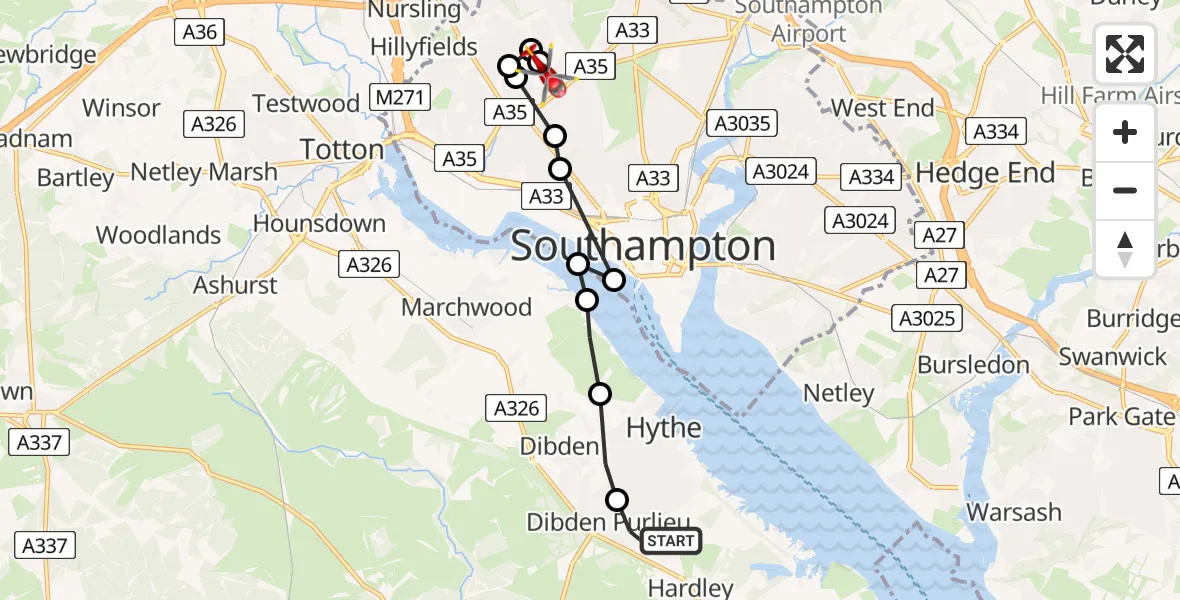 Flight route Air Ambulance Helicopter Hardley - University Hospital Southampton, 08 May 2026, 09:50