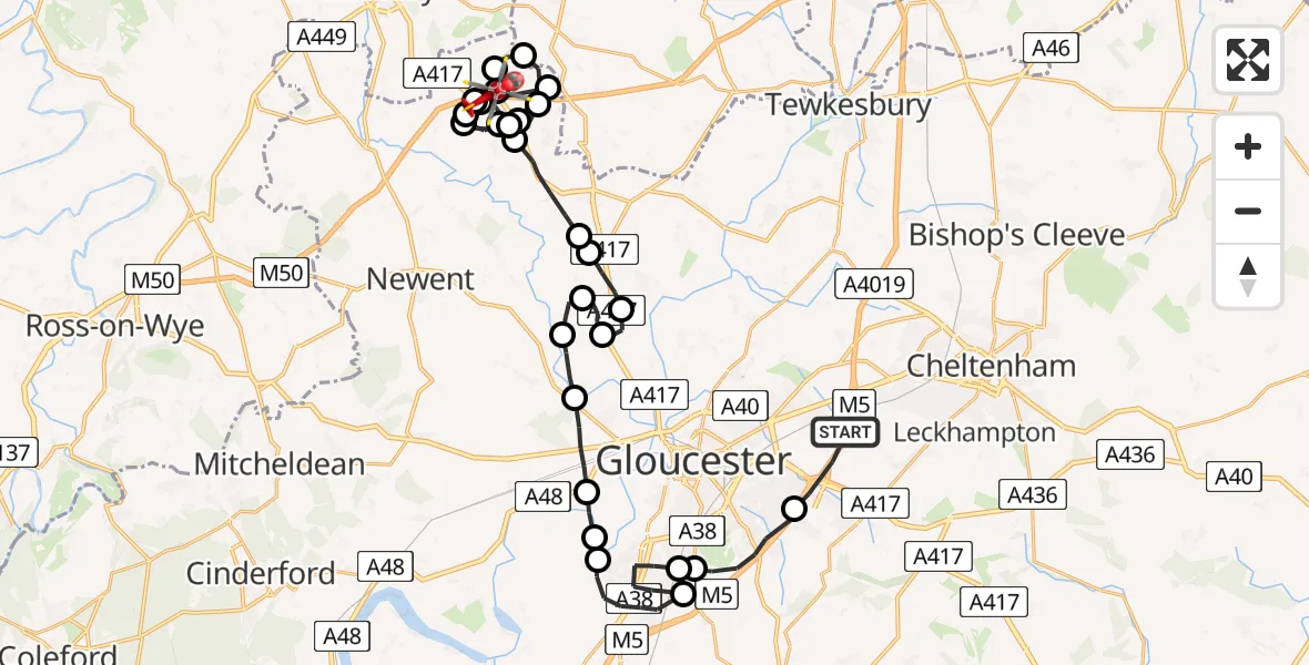 Flight route Air Ambulance Helicopter Tewkesbury - Bromsberrow, 08 May 2026, 09:57