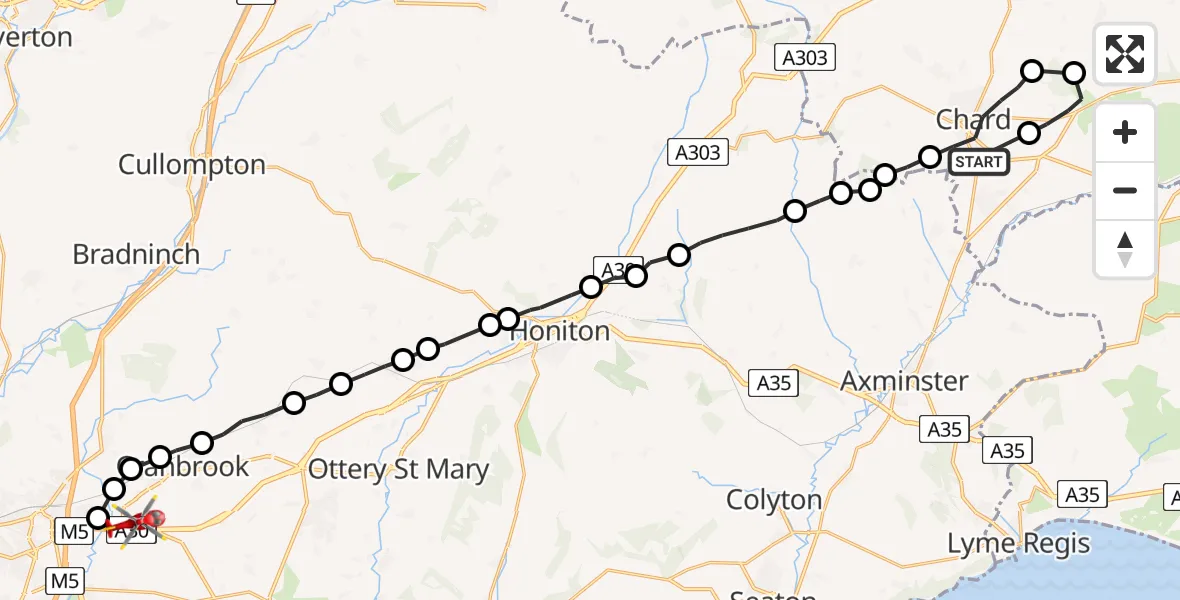 Flight route Air Ambulance Helicopter Chard - Exeter International Airport, 08 May 2026, 10:00
