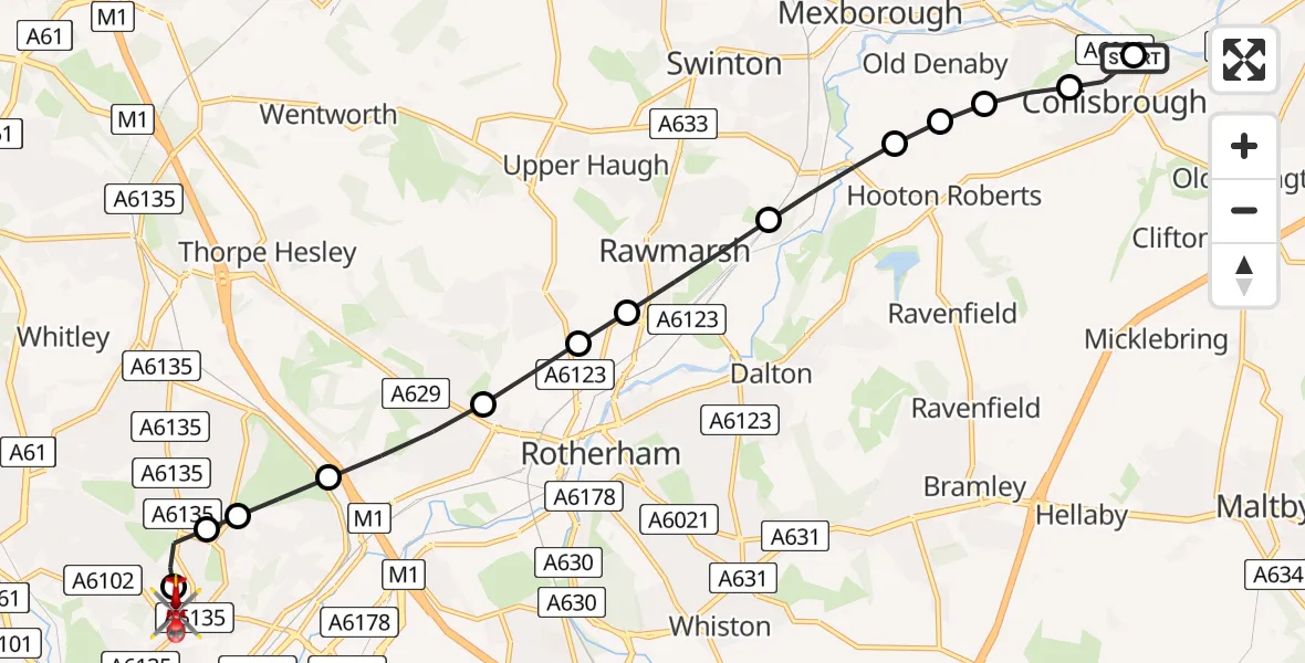 Flight route Air Ambulance Helicopter Conisbrough - Sheffield Northern Hospital, 08 May 2026, 10:09