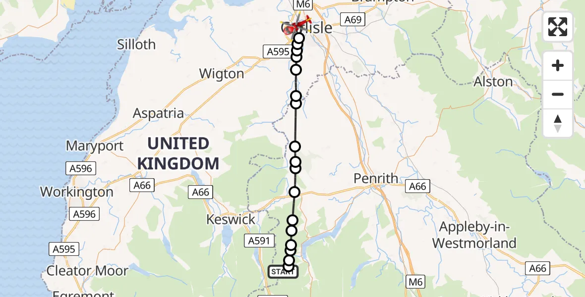 Flight route Air Ambulance Helicopter Patterdale - Carlisle General, 08 May 2026, 10:10