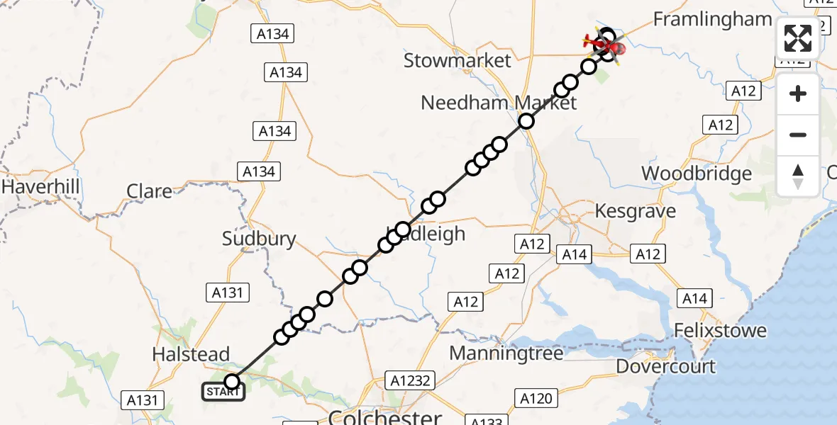 Flight route Air Ambulance Helicopter Earls Colne Airfield - Framsden, 08 May 2026, 10:16
