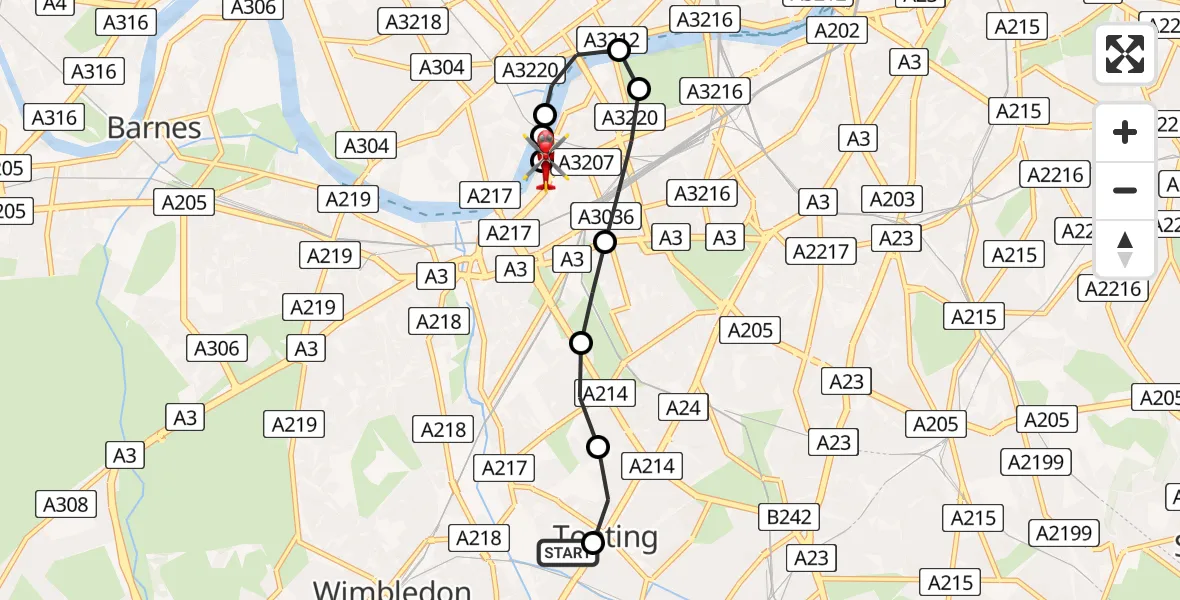 Flight route Air Ambulance Helicopter St Georges Hospital - London Heliport, 08 May 2026, 10:20