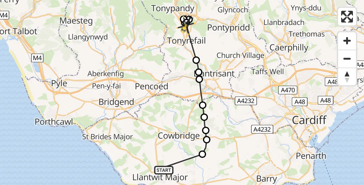 Flight route Police Helicopter Llantwit Major - Tonyrefail, 08 May 2026, 10:23