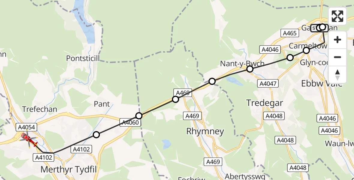 Flight route Air Ambulance Helicopter Garnlydan - Merthyr Tydfil, 08 May 2026, 10:26