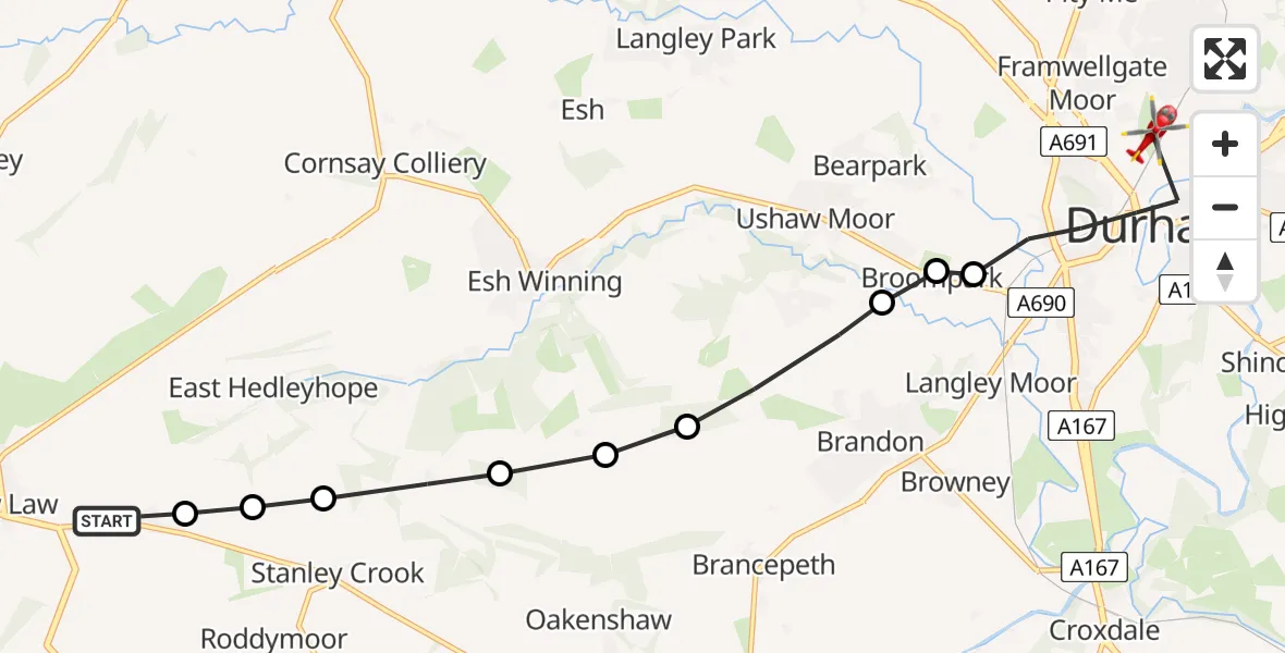 Flight route Air Ambulance Helicopter Wolsingham - Durham, 08 May 2026, 10:33