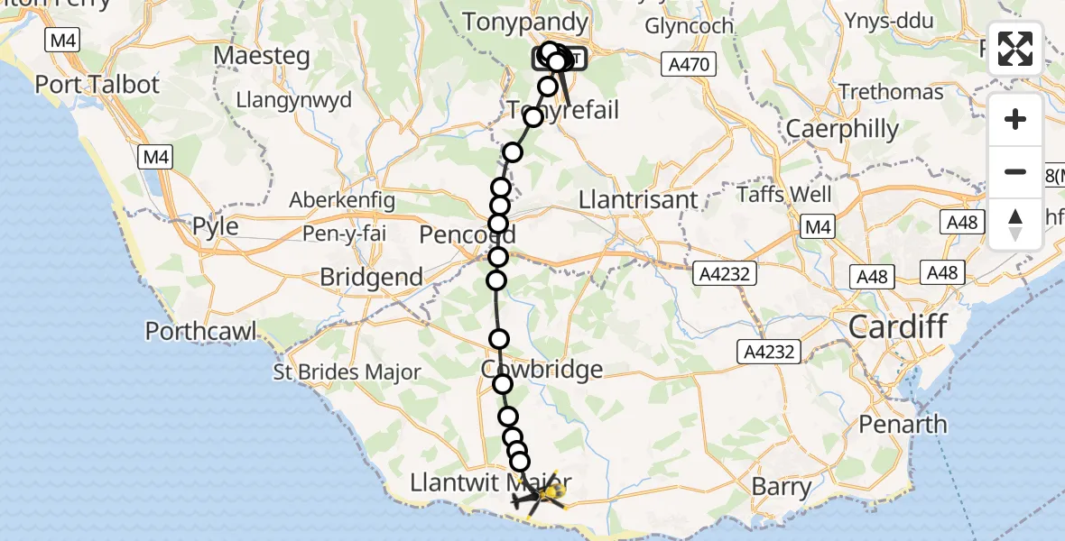 Flight route Police Helicopter Trebanog - MOD St Athan, 08 May 2026, 10:34