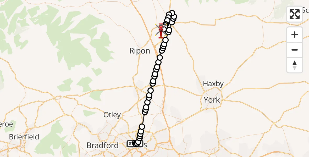 Flight route Air Ambulance Helicopter Woodhouse - RAF Topcliffe, 08 May 2026, 10:36