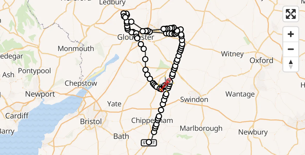 Flight route Air Ambulance Helicopter Wiltshire Air Ambulance - Oaksey Park Airfield, 08 May 2026, 10:48