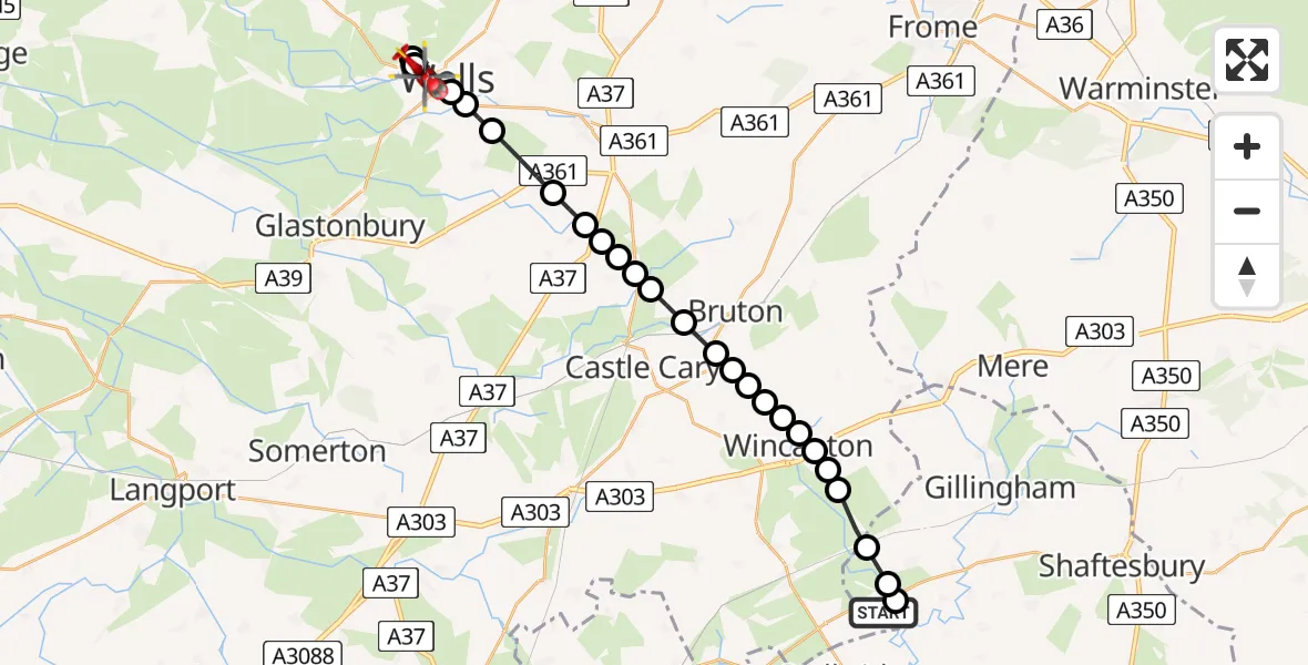 Flight route Air Ambulance Helicopter Henstridge Airfield - Wells, 08 May 2026, 10:53