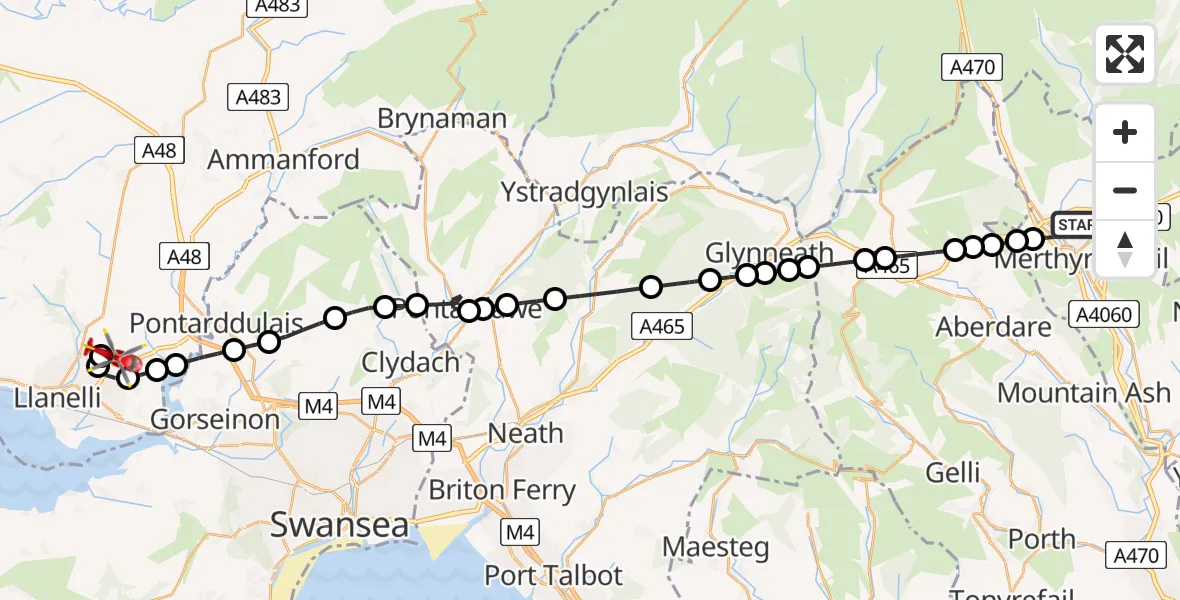Flight route Air Ambulance Helicopter Merthyr Tydfil - Dafen, 08 May 2026, 11:04