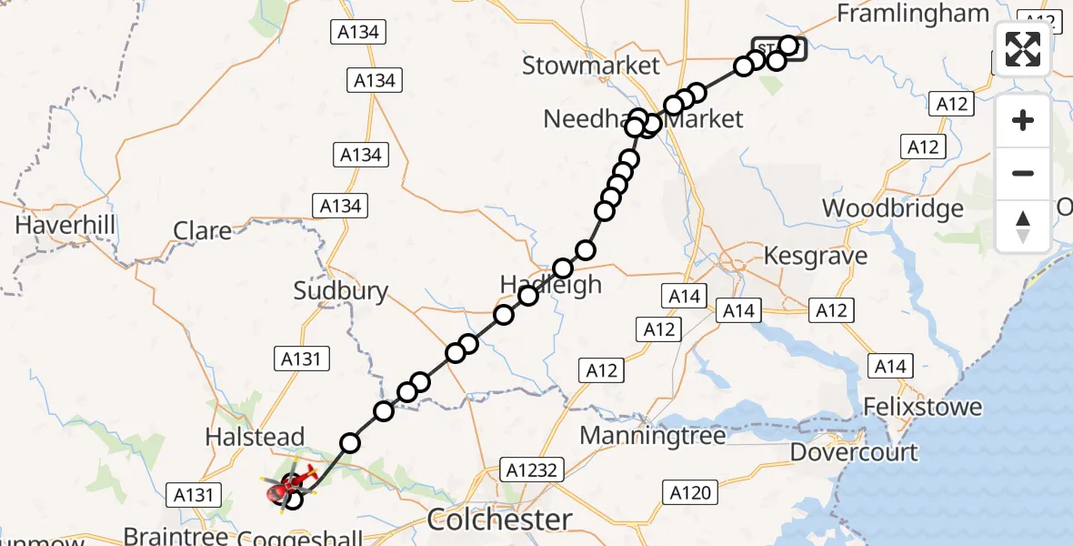 Flight route Air Ambulance Helicopter Winston - Earls Colne Airfield, 08 May 2026, 11:14