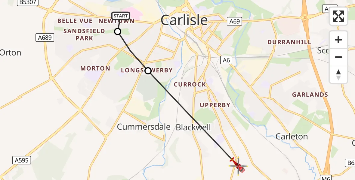 Flight route Air Ambulance Helicopter Carlisle General - Blackwell, 08 May 2026, 11:15
