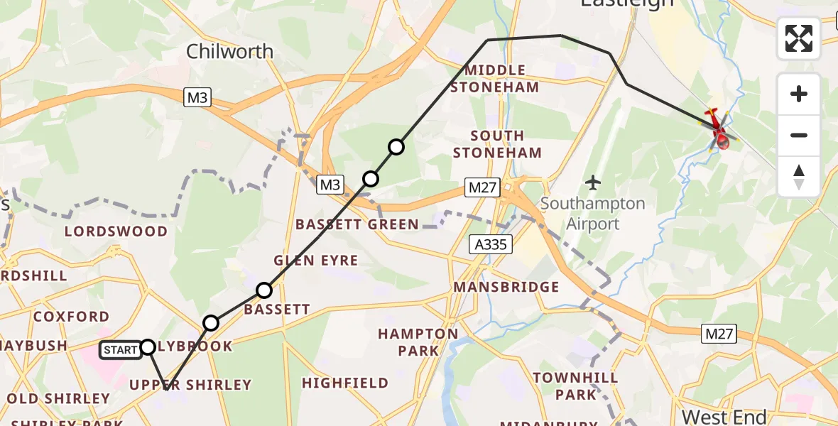 Flight route Air Ambulance Helicopter University Hospital Southampton - Eastleigh, 08 May 2026, 11:21