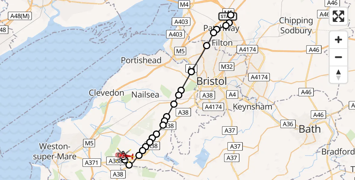 Flight route Air Ambulance Helicopter Almondsbury Helicopter Base - Bristol, 08 May 2026, 11:27