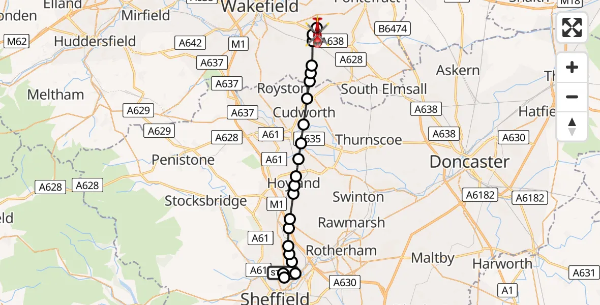 Flight route Air Ambulance Helicopter Sheffield Northern Hospital - YAA Nostell Helicopter Port, 08 May 2026, 11:28