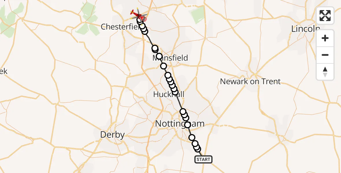 Flight route Air Ambulance Helicopter Widmerpool - Staveley, 08 May 2026, 11:39
