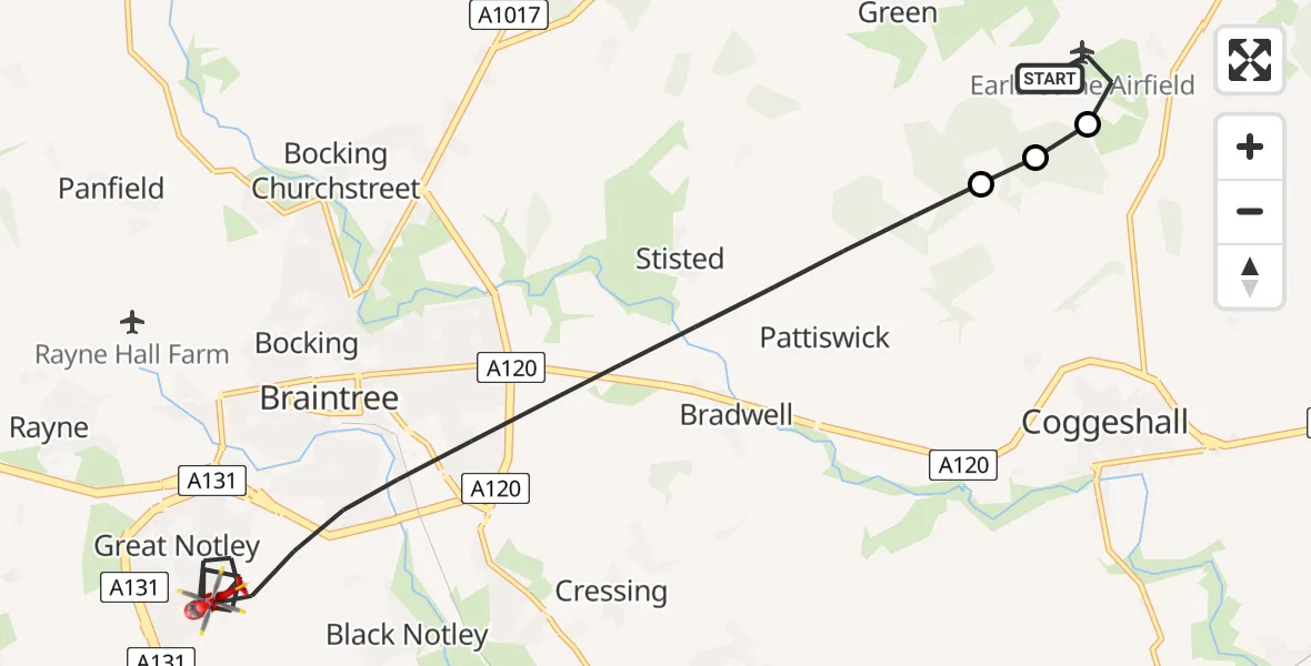Flight route Air Ambulance Helicopter Earls Colne Airfield - Braintree, 08 May 2026, 11:48
