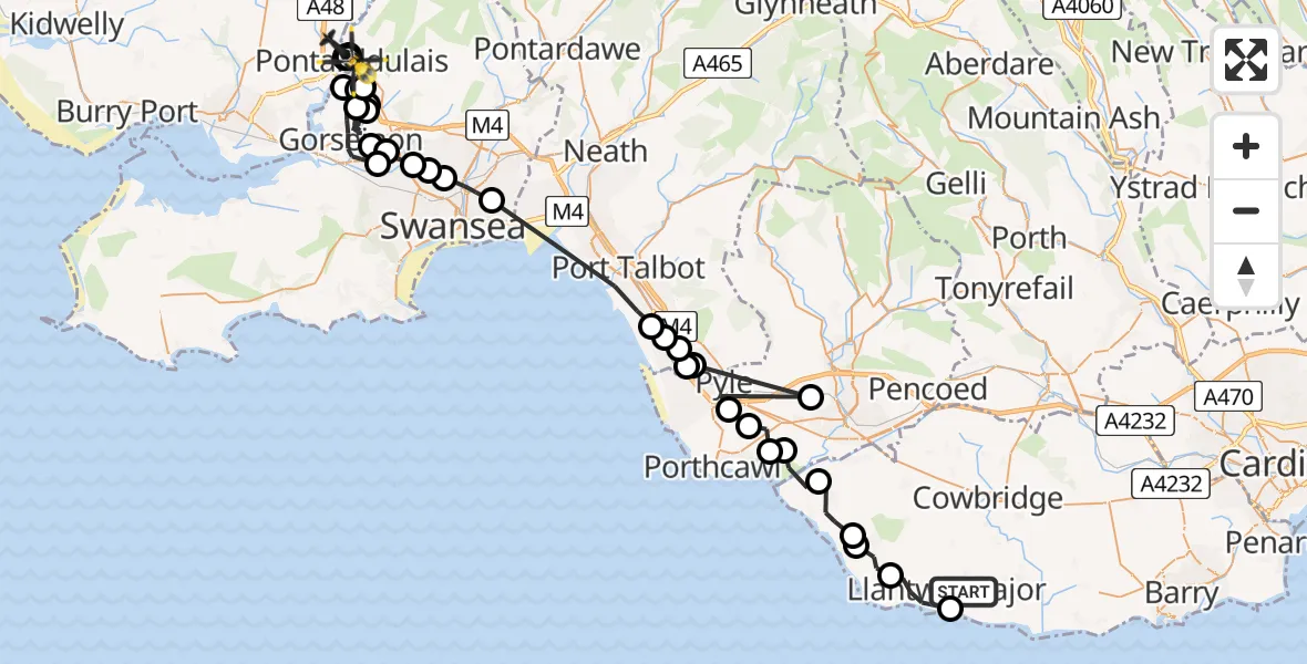 Flight route Police Helicopter Boverton - Pontarddulais, 08 May 2026, 11:49
