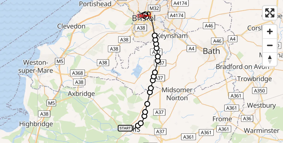 Flight route Air Ambulance Helicopter Wells - Bristol Royal Infirmary, 08 May 2026, 11:50