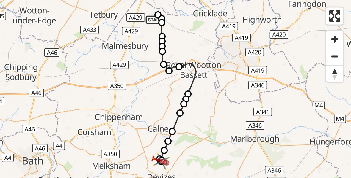 Flight route Air Ambulance Helicopter Oaksey Park Airfield - Devizes, 08 May 2026, 11:55