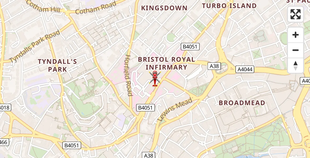 Flight route Air Ambulance Helicopter Bristol Royal Infirmary - Bristol Royal Infirmary, 08 May 2026, 12:05