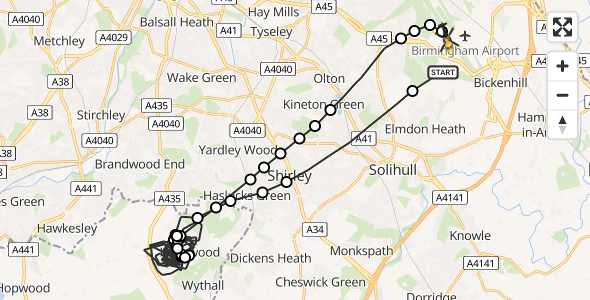 Flight route Police Helicopter Solihull - Birmingham Airport, 08 May 2026, 12:08