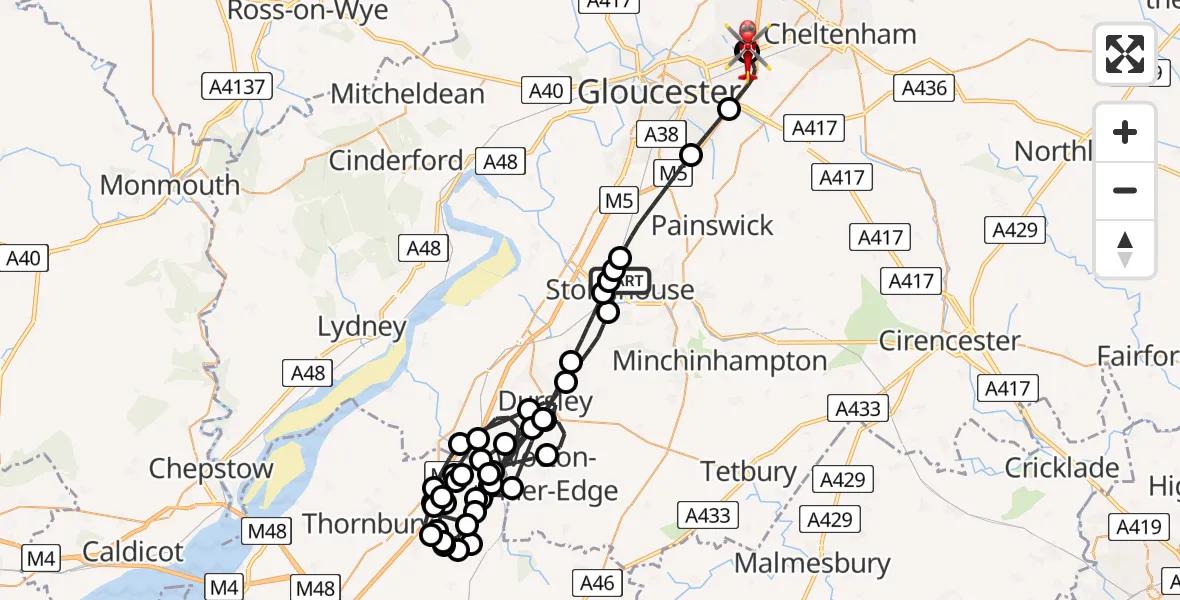 Flight route Air Ambulance Helicopter Stonehouse - Tewkesbury, 08 May 2026, 12:11