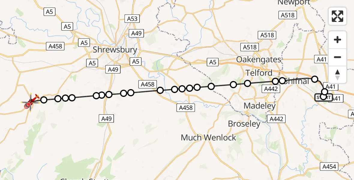 Flight route Air Ambulance Helicopter RAF Cosford - Minsterley, 08 May 2026, 12:12
