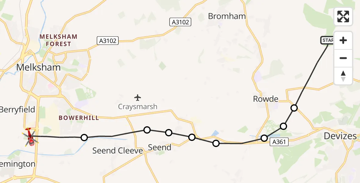 Flight route Air Ambulance Helicopter Devizes - Melksham, 08 May 2026, 12:12