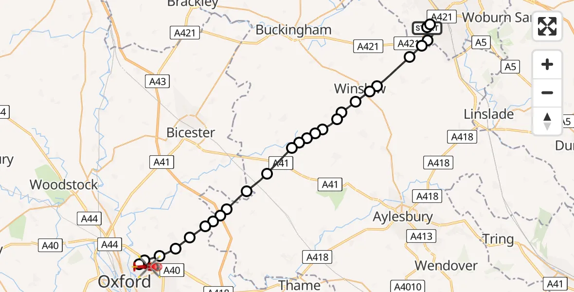 Flight route Air Ambulance Helicopter Emerson Valley - Oxford, 08 May 2026, 12:13