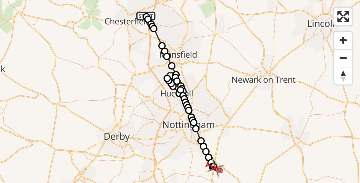 Flight route Air Ambulance Helicopter Chesterfield - Nottingham Heliport, 08 May 2026, 12:15