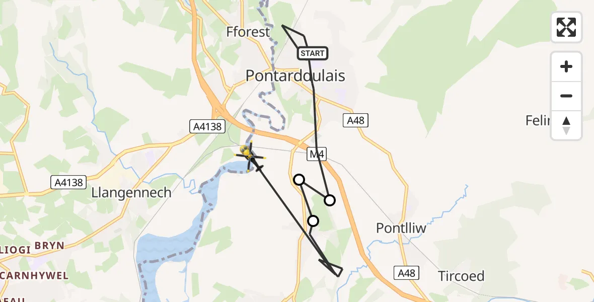 Flight route Police Helicopter Pontarddulais - Pontarddulais, 08 May 2026, 12:25